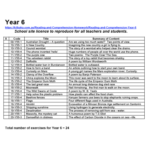 Reading All Year 6 Homework Exercises